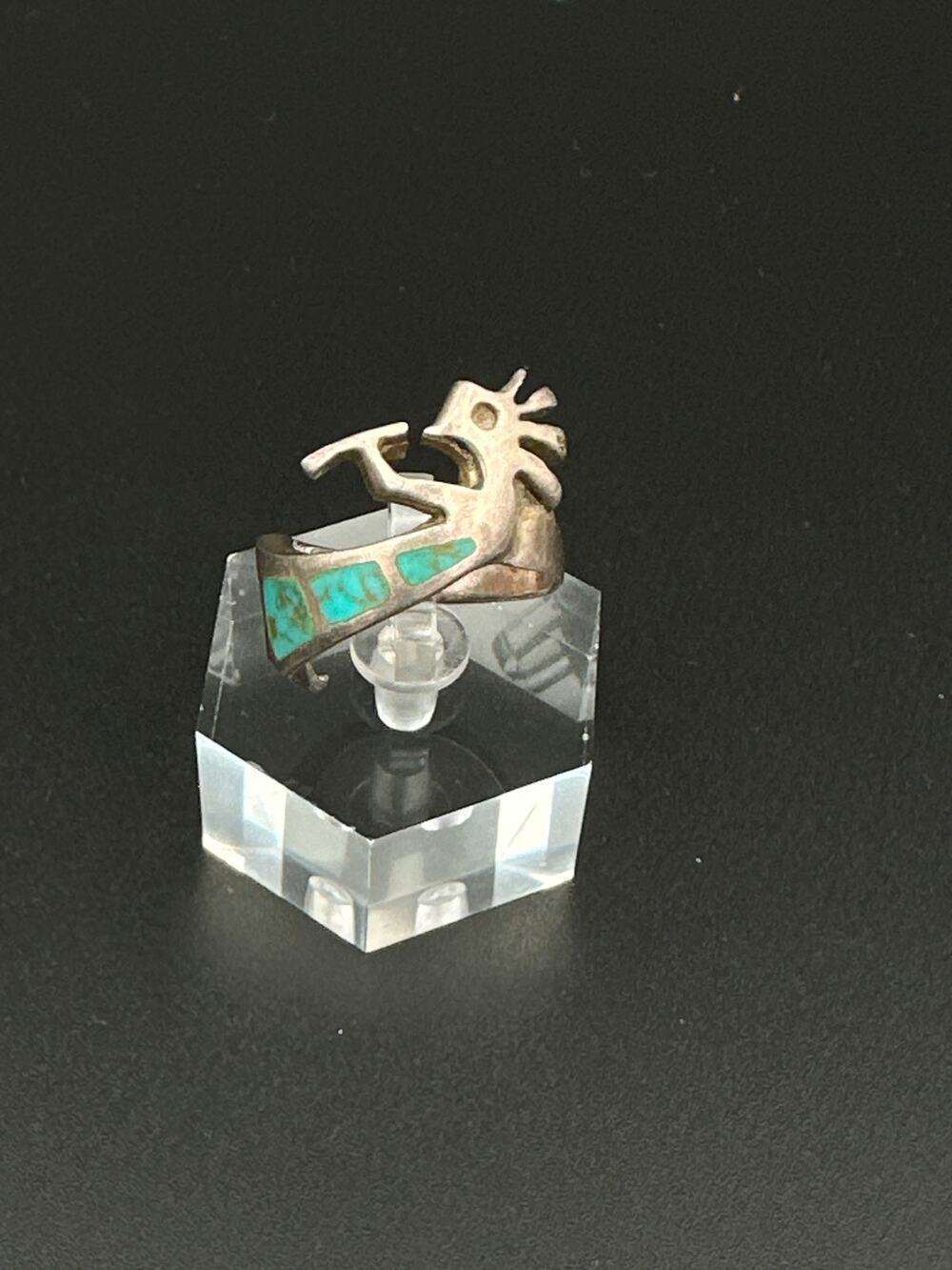 Vintage Sterling Silver Sculptural Animal Ring, Size 6 3/4, Turquoise Inlay